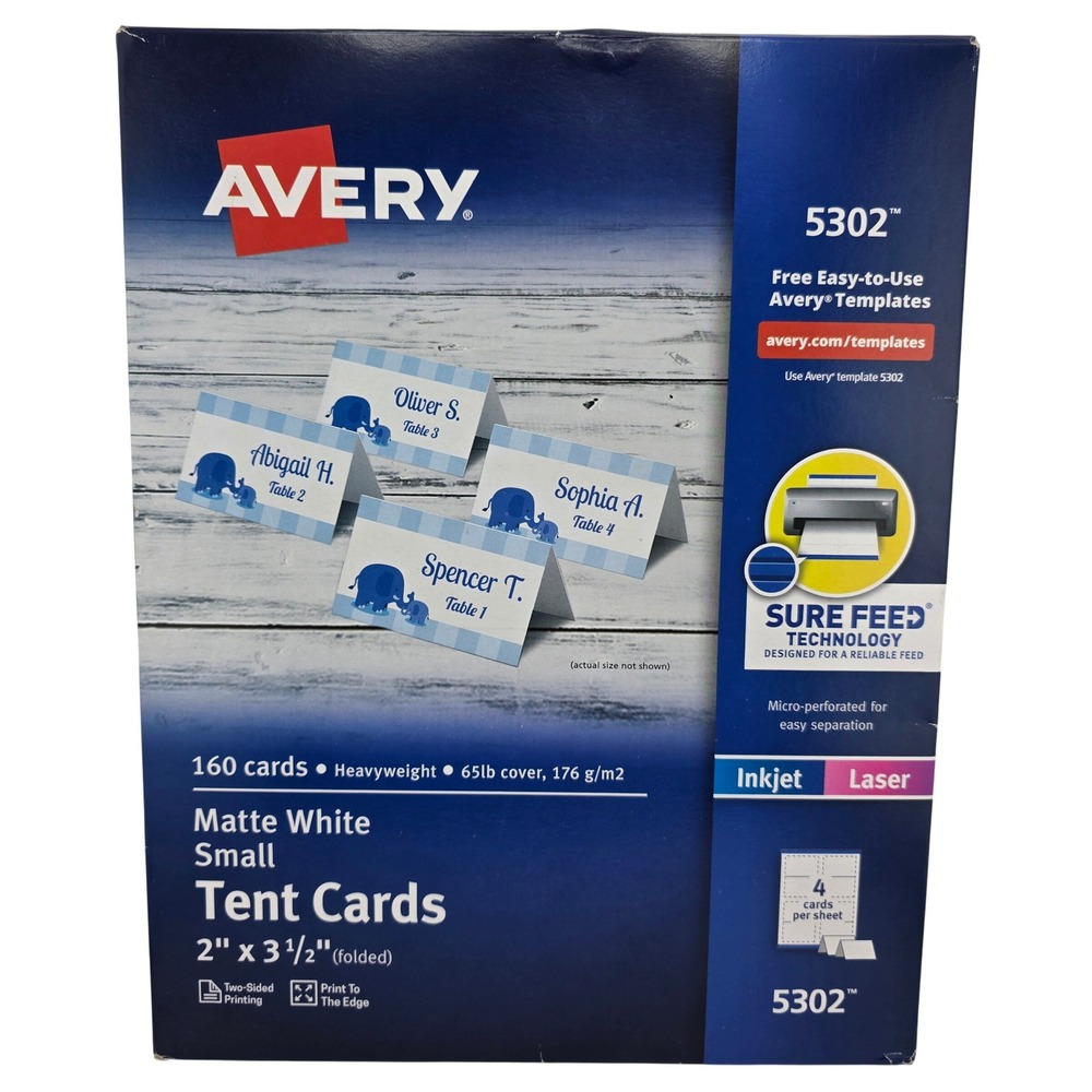 Avery 5302 Small Tent Cards 160 Count Matte White NEW 2x3.5 Heavyweight 65lb